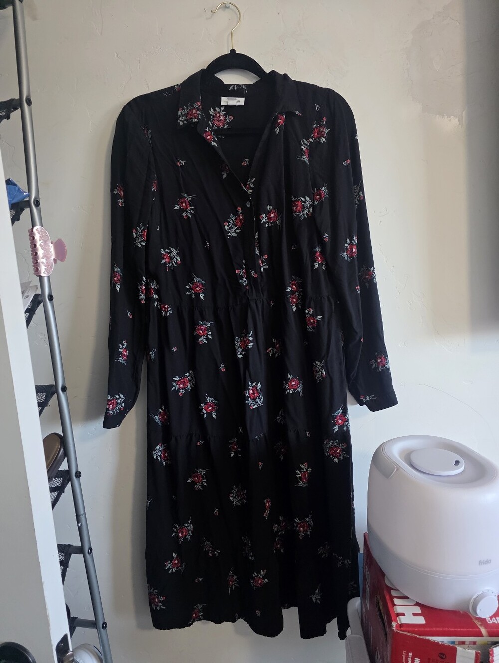 J Jill  Black Long Sleeve Midi Dress with Red Floral Print